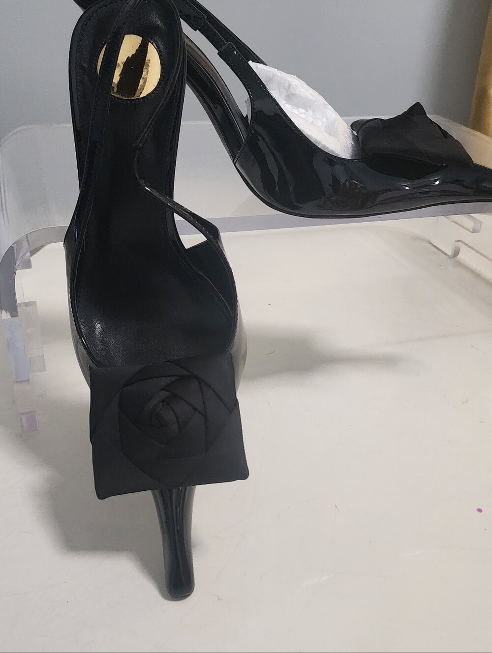 Black Patent Slingback Heels with Rosette Detail